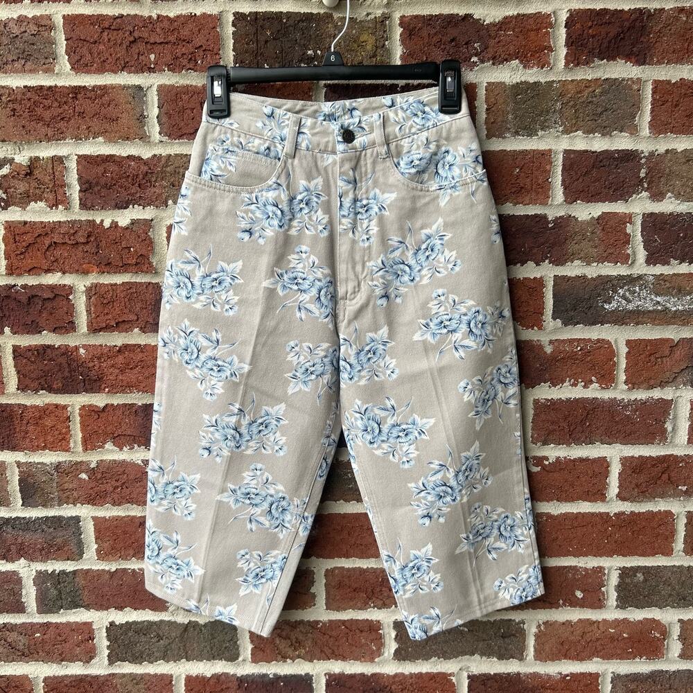 Vintage Floral Print Long Denim Capri Bermuda Shorts Size 4P